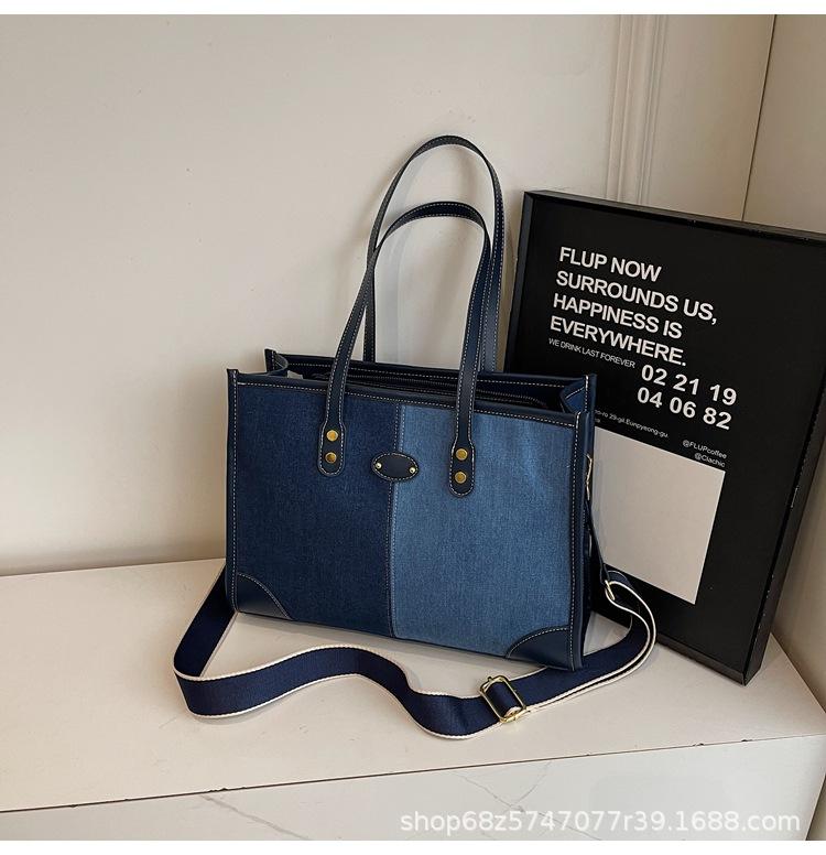 Fashion Color-blocking Tote Large Bag Women's 2025 New Casual Denim Commuter Bag Large-capacity Versatile Crossbody Bag