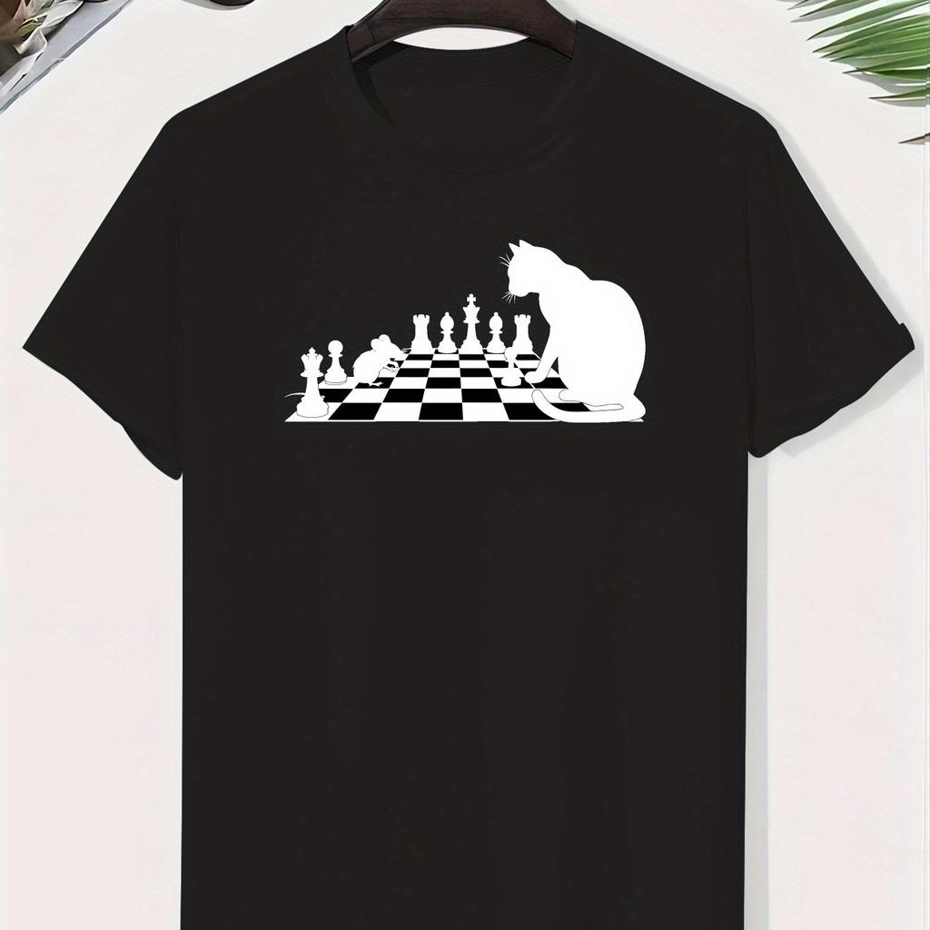 UnisexS Orange Cotton TShirt with Black Cat Chess Design Casual Short Sleeve Top for Summer Unisex Clothing Comfortable