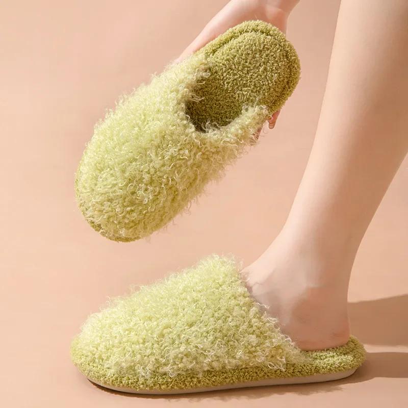 Fashion Women's Slippers 2024 New Autumn Winter Rolled Cotton Plush Flat Toe Comfort Warm Lightweight Home Flat Bottomed Cotton Slippers