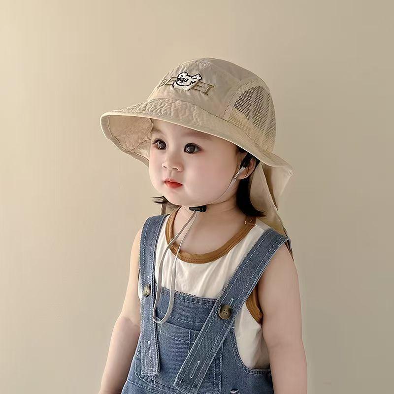 Baby Summer Mesh Sun Hat, Breathable Wide Brim UV Protection Neck Cover Shawl Hat, Korean Style Toddler Cap for Boys Girls