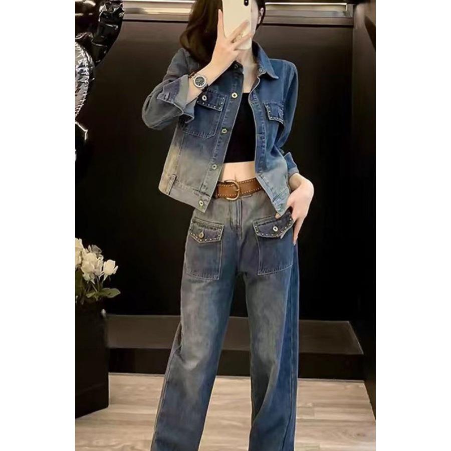 Premium Denim Jacket & Jeans Autumn Set: Fashionable Casual Two-Piece Ensemble