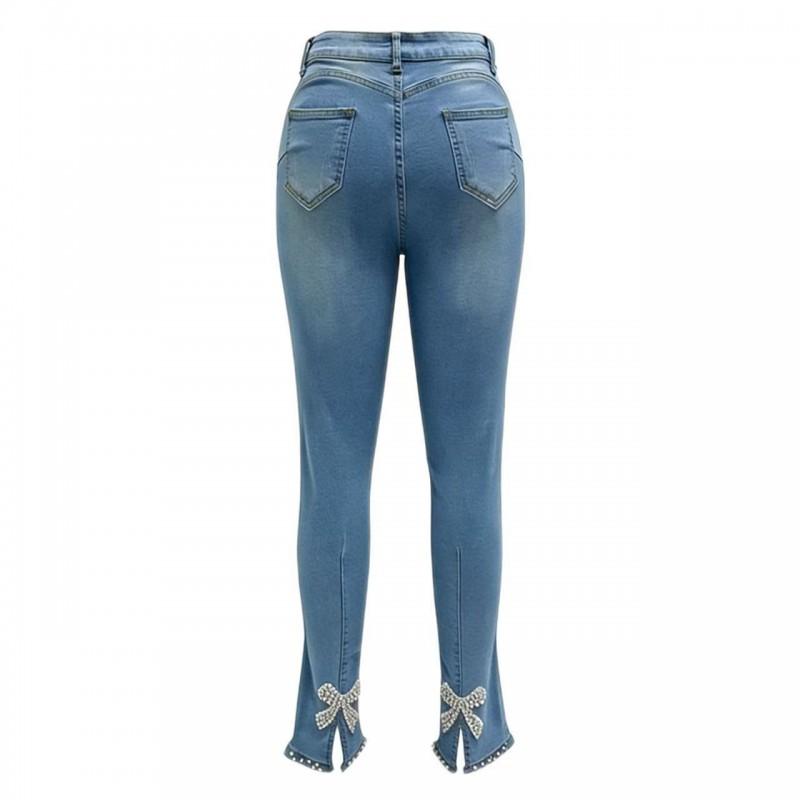 High Waist Slim Fit Denim Skinny Jeans With Bow Rhinestone Detail Women