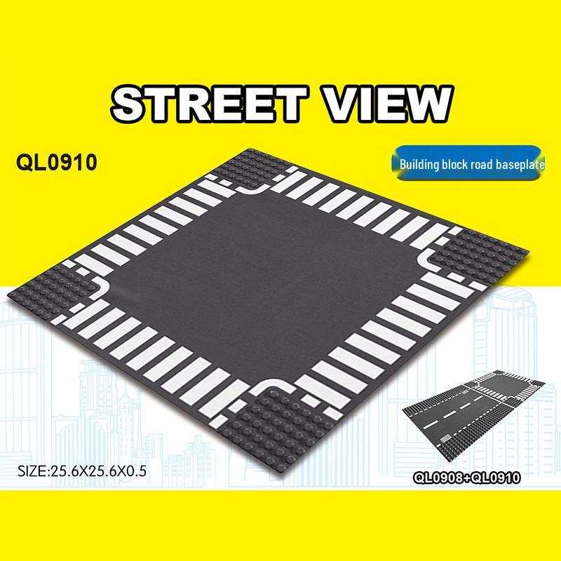 Street Scene 25x25CM Road Baseplate with Small Pegs - Single-Sided Race Track, Straight & Curved