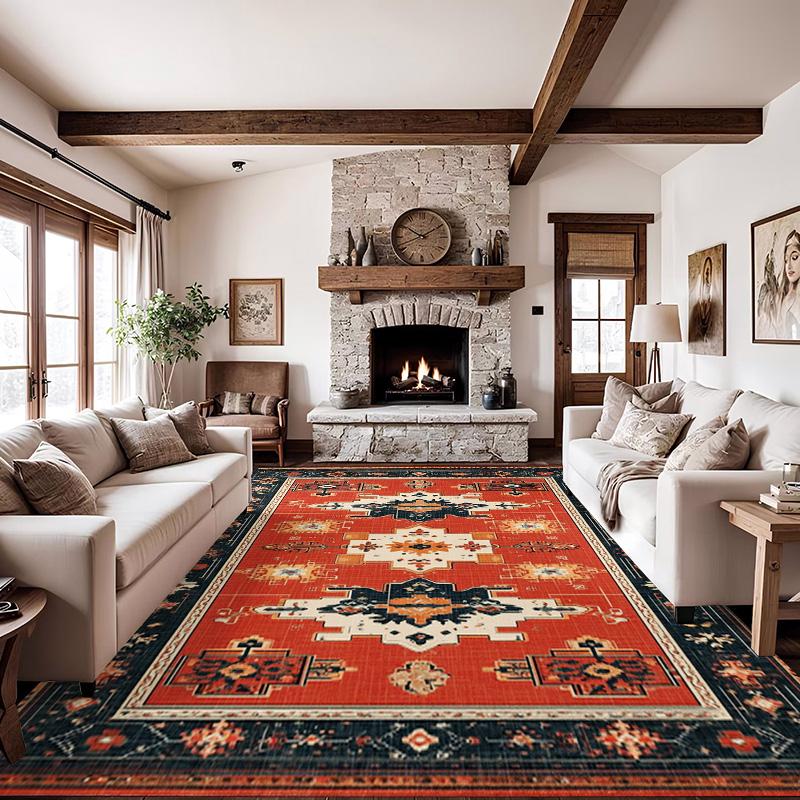 RAKKS Moroccan Red Area Rug with Non-Slip Backing, Ideal for Living Room, Dining Room, Bedroom - Vintage, Easy Clean, Durable,