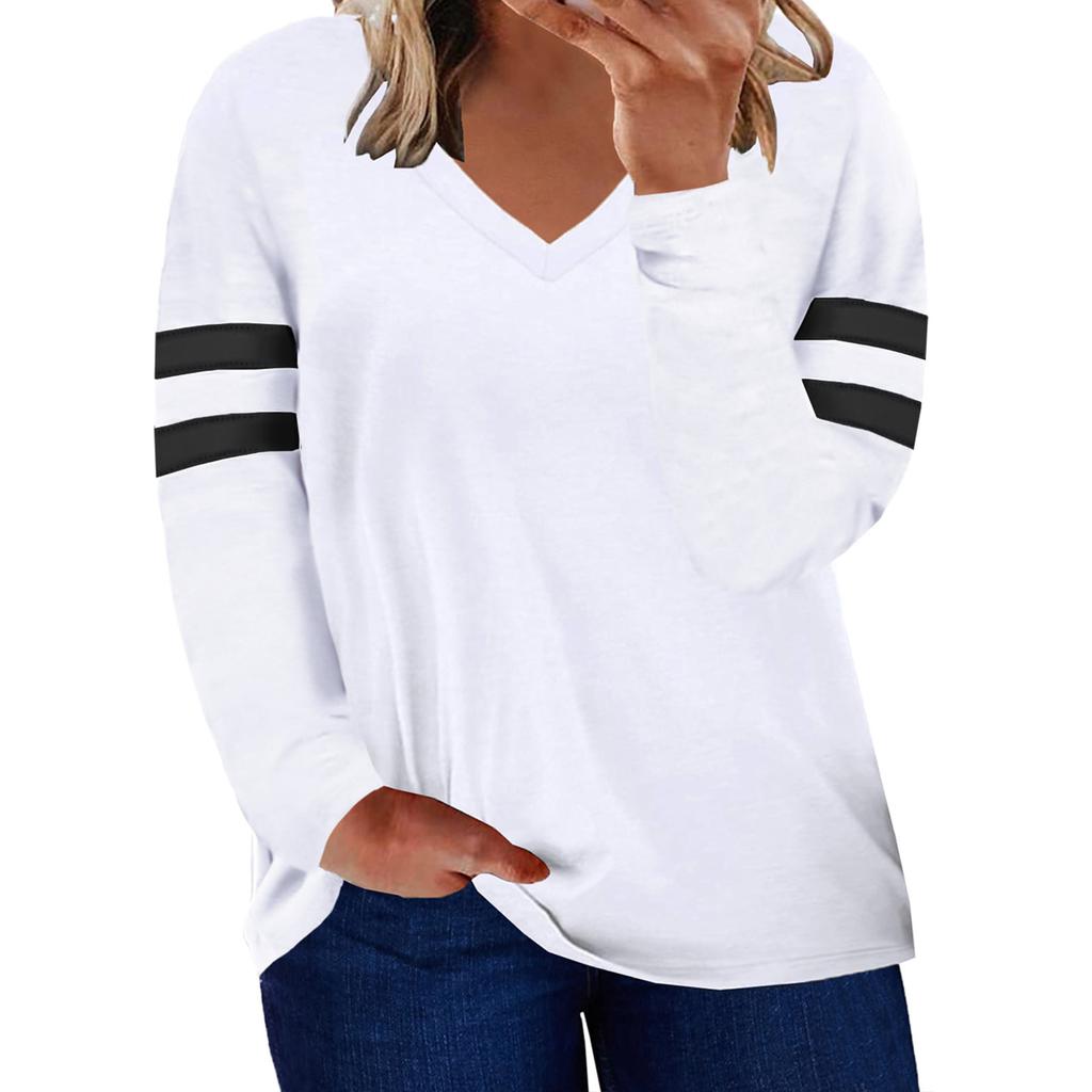 Women's Casual V Neck Pullover Long Sleeve Striped Colorblock  Oversized Shirts