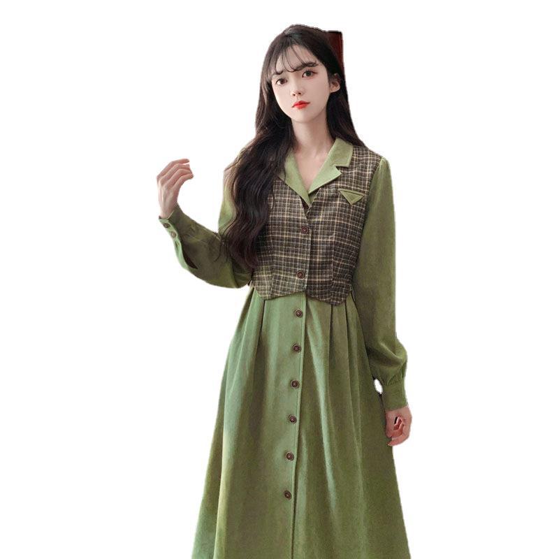 Autumn Retro Plaid Suit Lapel Fake Two-piece Long-sleeved Dress Femininity Hong Kong Style High Waist A Word Medium and Long Dress