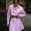 Striped Long Sleeve Shirt Women's Tennis Set Fashion Casual Elastic Waist Pleated Skirt Two-Piece Set