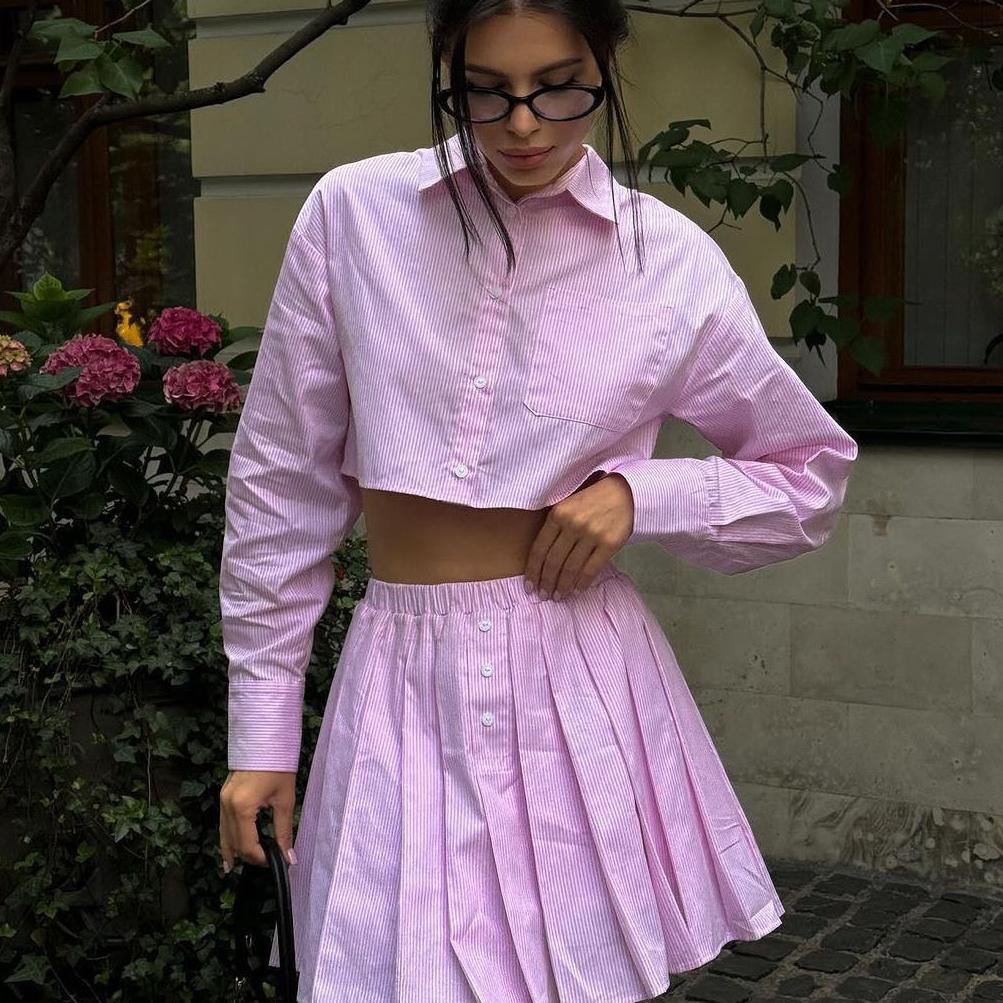 Striped Long Sleeve Shirt Women's Tennis Set Fashion Casual Elastic Waist Pleated Skirt Two-Piece Set