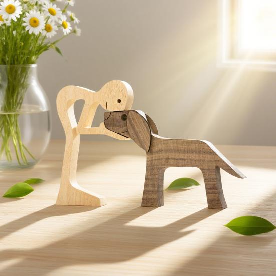 Hund og menneske ornament Rustikk tre gutt og hund dekorasjon Minimalistisk valpefamiliefigur Gave til hundeelskere Hjem skrivebordsdekor