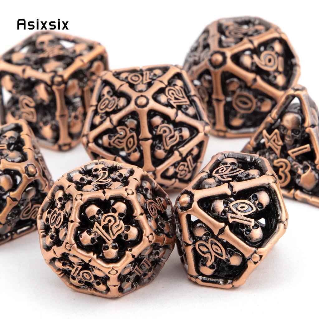 7 Pcs Coppery Skull Head Metal Dice Hollow Metal Polyhedral Dice Set Suitable for Role-Playing RPG  Board Game Card Game