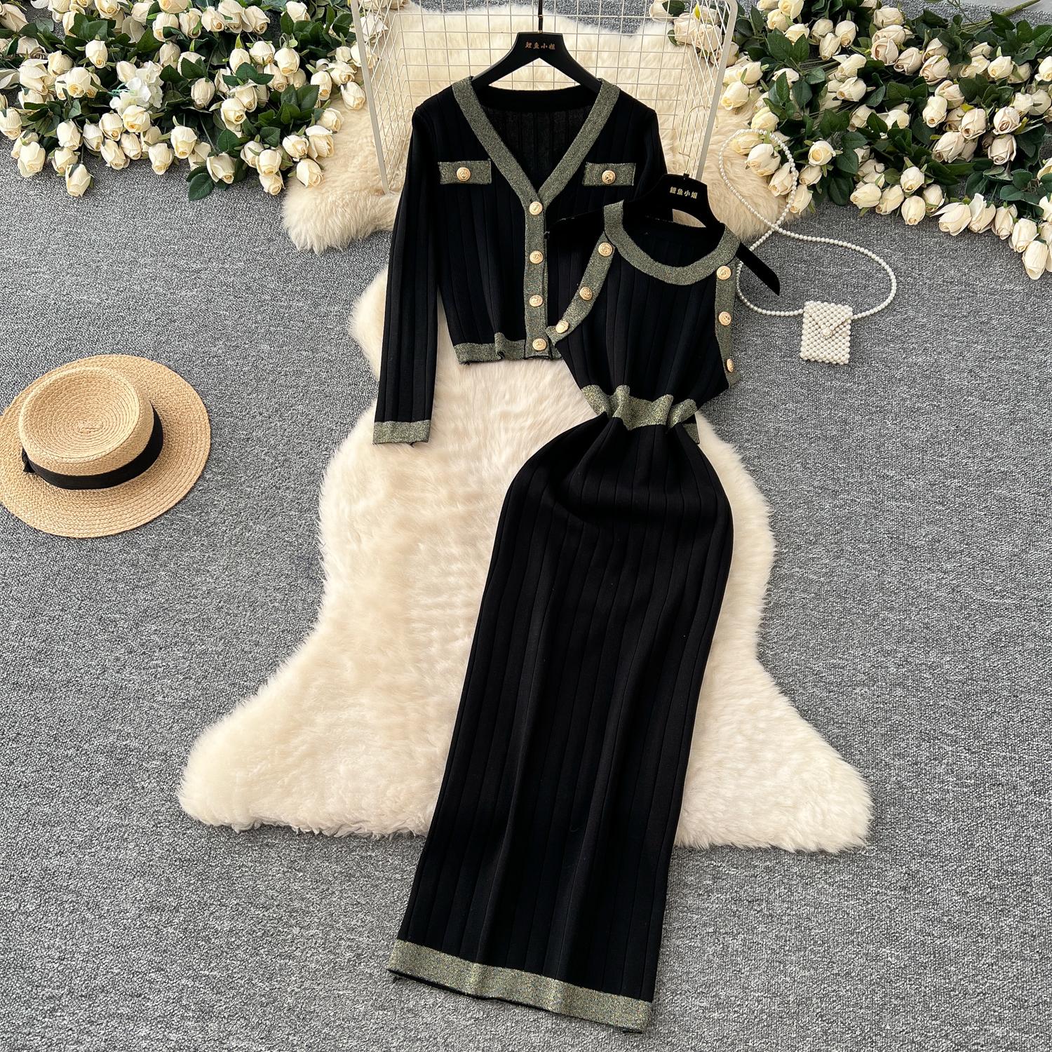 

Осенне-зимний женский вязаный свитер из двух частей, куртка с V-образным вырезом, пальто и длинное облегающее платье-футляр без рукавов One Size чёрный