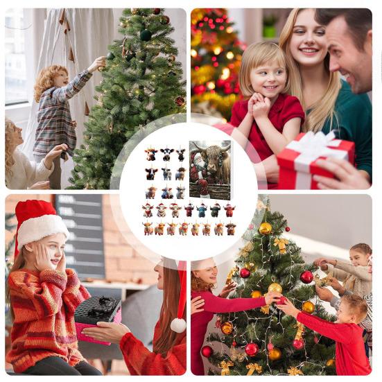 Yousheng Highland Cow Ornaments Advent Calendar 2025 24 Days Christmas Countdown Calendar with Cartoon Cows Ornament for Xmas Tree Decor