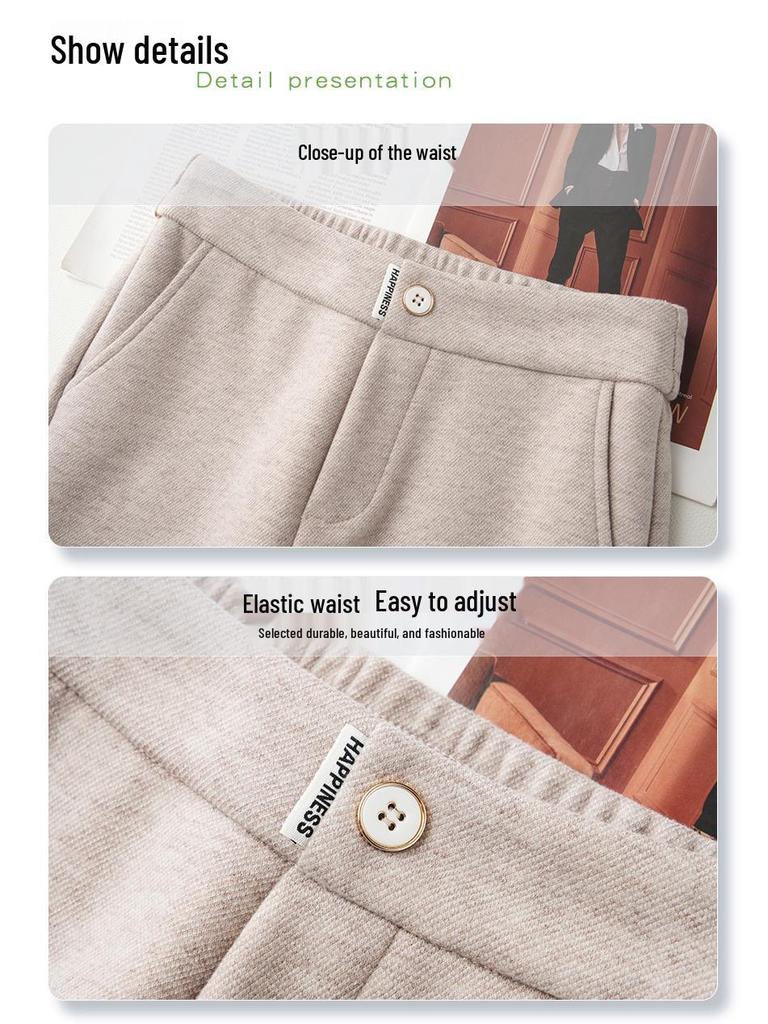 Women's 2024 Khaki Wool Blend Loose Fit Slimming Wide Leg Pants for Autumn and Winter
