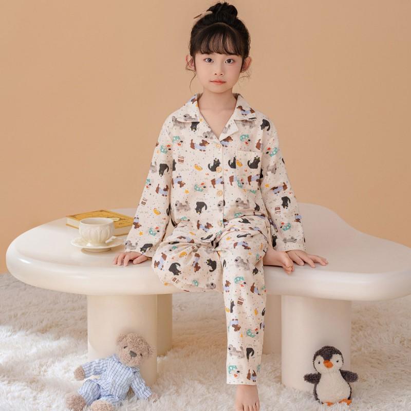 Cotton Girls Pajama Set Long Sleeve Button Front Sleepwear Kids 8 Years Thin Comfortable Home Outfit