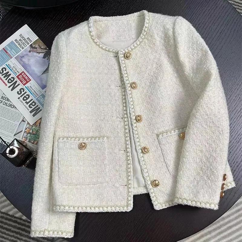 White Tweed Jackets Women Korean Long Sleeve Sweet Coat Fashion O Neck Elegant Casual Female All Match Outwear Tops