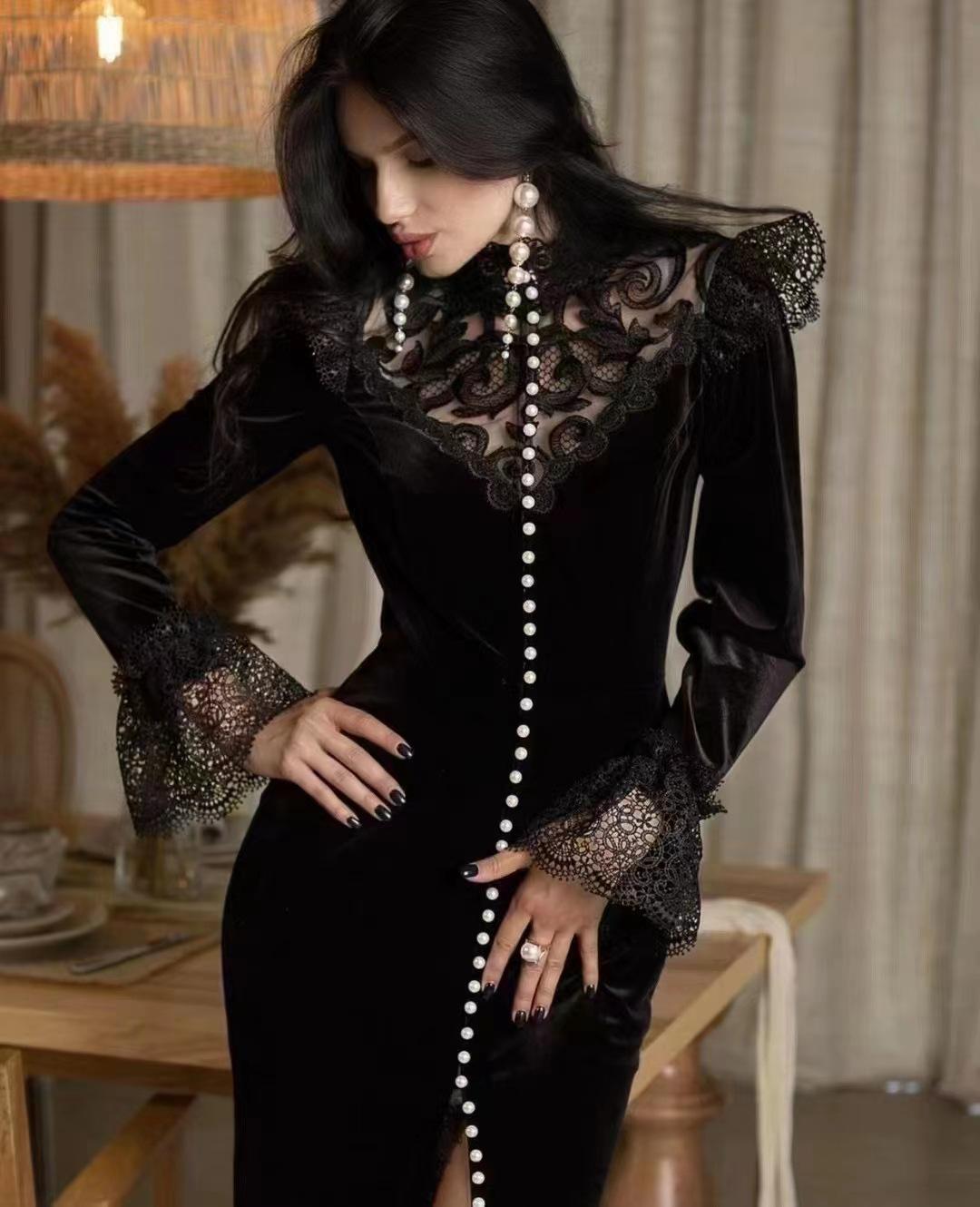 

Осень 2023 года кружевная юбка-миди с воротником-стойкой и рукавами-трубами для женщин Extra Large