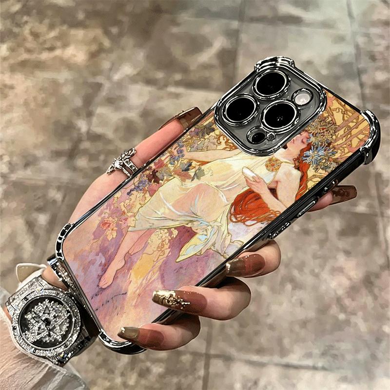 Vintage Alfons Mucha Primavera Soft Phone Case For iPhone 15 16 17 Air 14 Pro Max 16E Plus 13 12 Mini Plating Anti-Fall Fundas