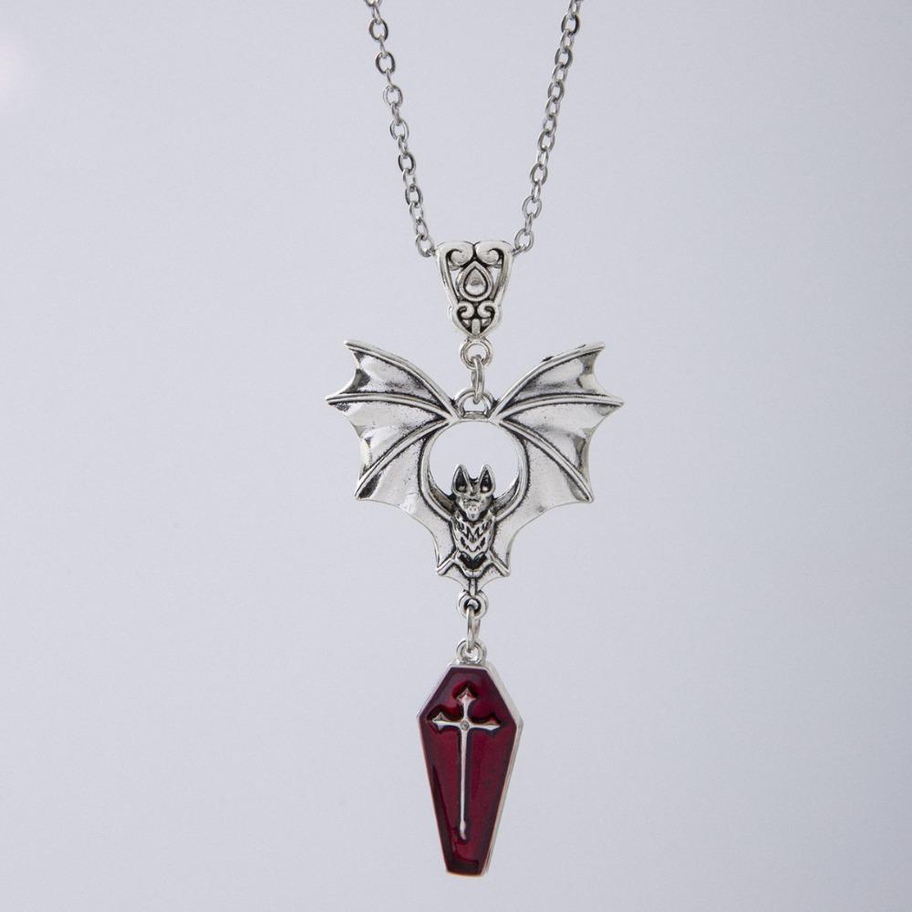 Exaggerated Gothic Sliver Color Vampire Bat Cross Red Coffin Pendant Necklace for Women Halloween Party Retro Punk Jewelry Gift