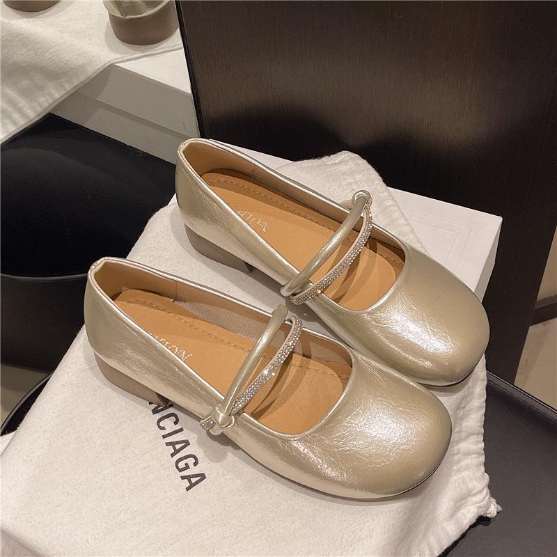 Coarse-heeled single shoes for women's spring and autumn new rhinestones with skirts, shallow mouth and small leather shoes for women