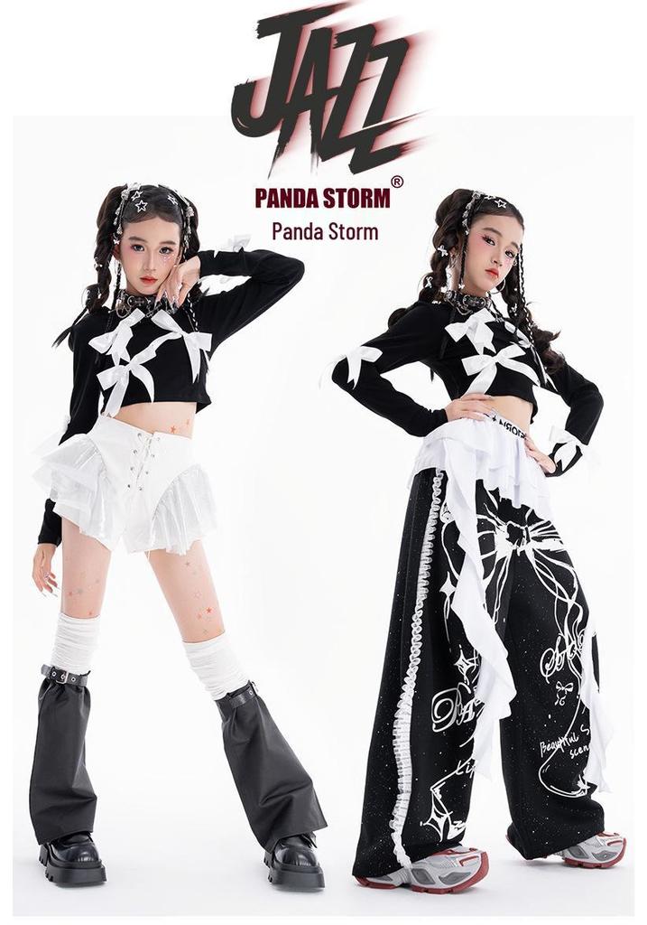 Ținută de Dans Jazz pentru Copii: Set Tricou cu Mânecă Lungă și Pantaloni cu Fundă Dulce și Cool pentru Spectacole pe Stradă
