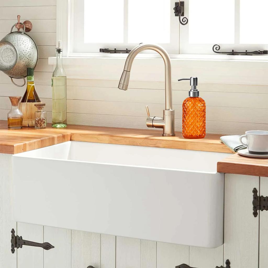 1pc 16oz Orange Color Soap Dispenser Bathroom, Glass Soap Dispenser with Pump, Gem Patterned Glass Soap Dispenser for Hand Soap