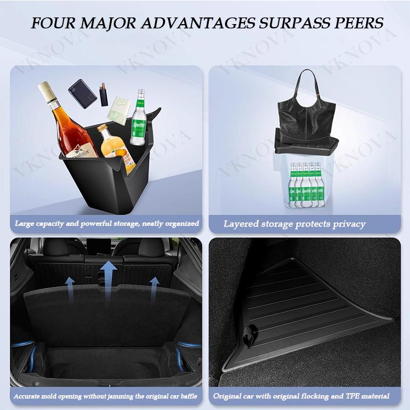 For Tesla Model Y Juniper 2025 Rear Trunk Side Storage Box Cargo Organizer TPE Bin Box Flocking Mat Partition Board Accessories