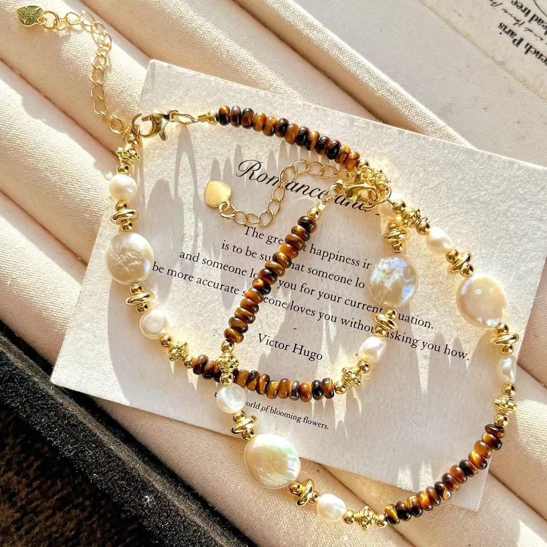 High Quality Natural Baroque Freshwater Pearl Merad Tiger S Eye Dish Bead Bracelet Bracelet