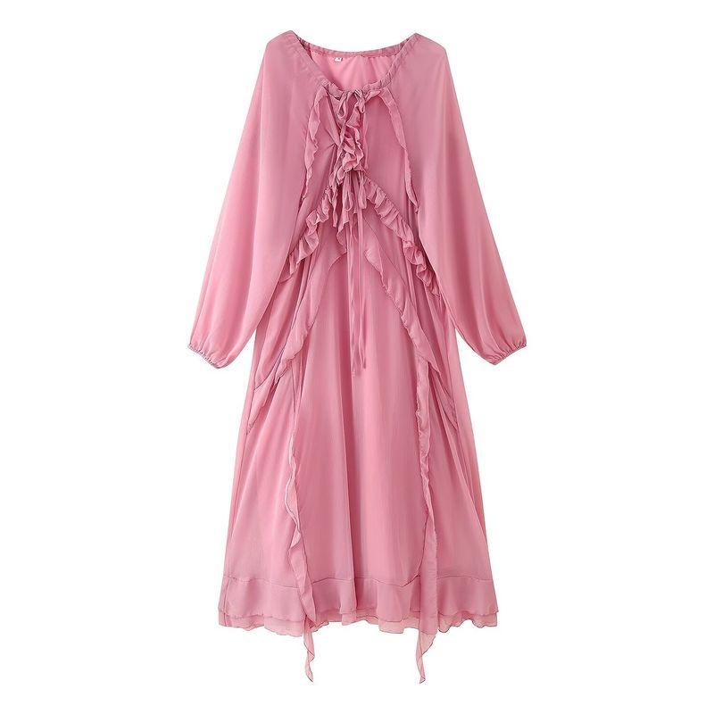 

Kaslead New Women clothes Western Style Fashion Simple Laminated Frill V-neck Long sleeve dress Pink L