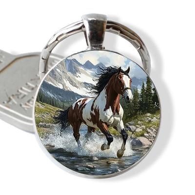 Running Horse Keychain Single-Sided Glass Cabochon Horse Pattern Animal Key Ring Equestrian Accessories For Men Women