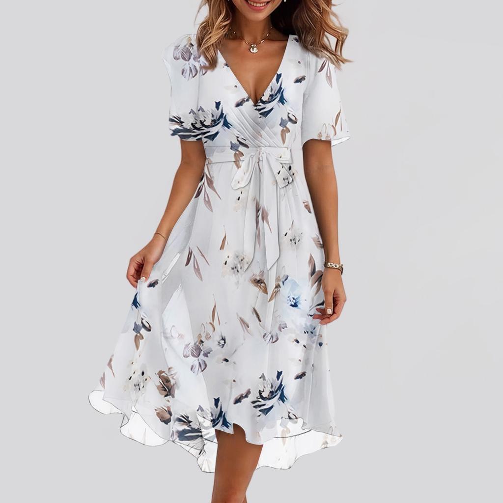 Women's Fashion Casual V Neck Short Sleeve Ruffled Vintage Printed Dresses