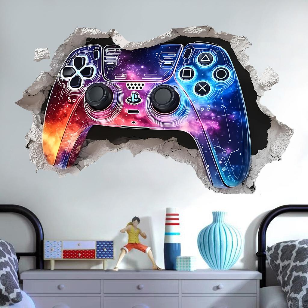 Tecknad 3D Bryta Vägg Spelkontroll Väggklistermärke Självhäftande Avtagbar för Sovrum Vardagsrum Arbetsrum Heminredning
