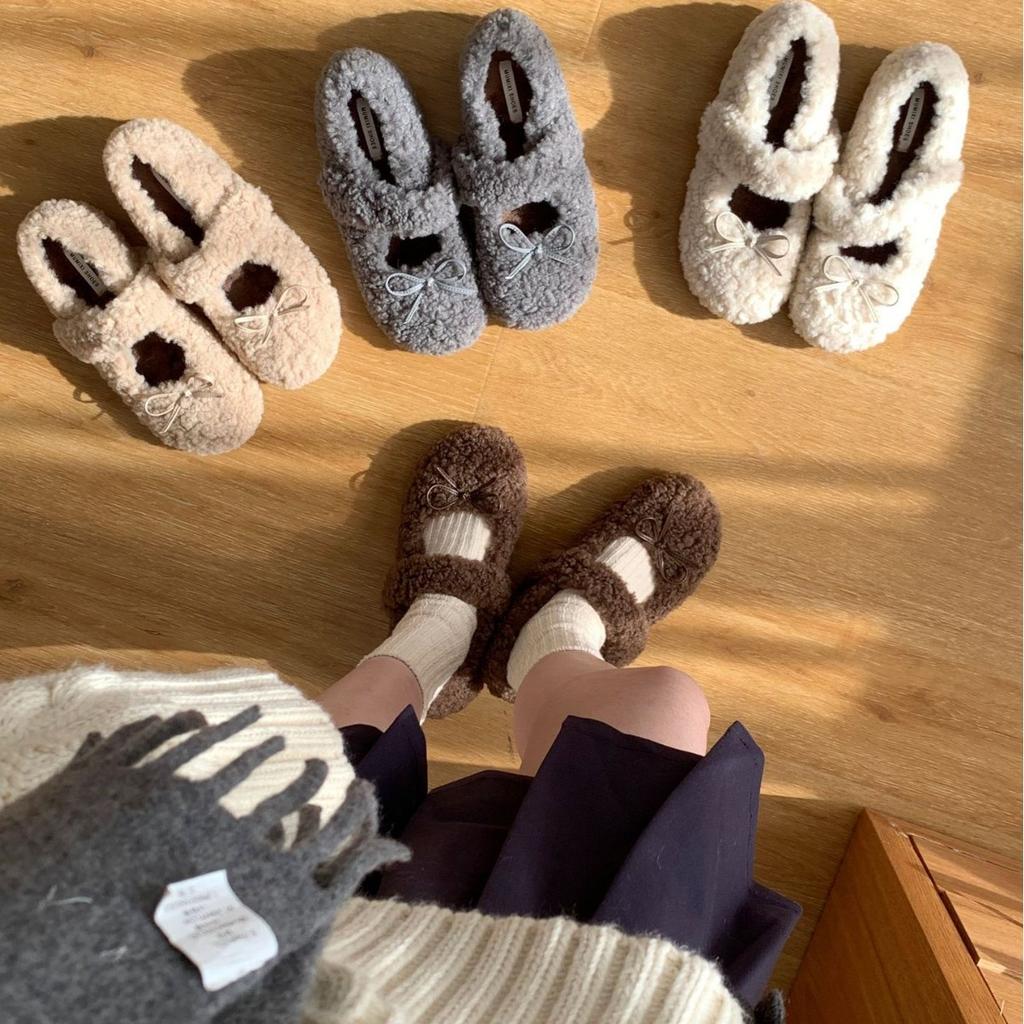 2025 autumn and winter new round head bow inner slope heel ballet fluffy fabric Doudou non-slip women's single shoes