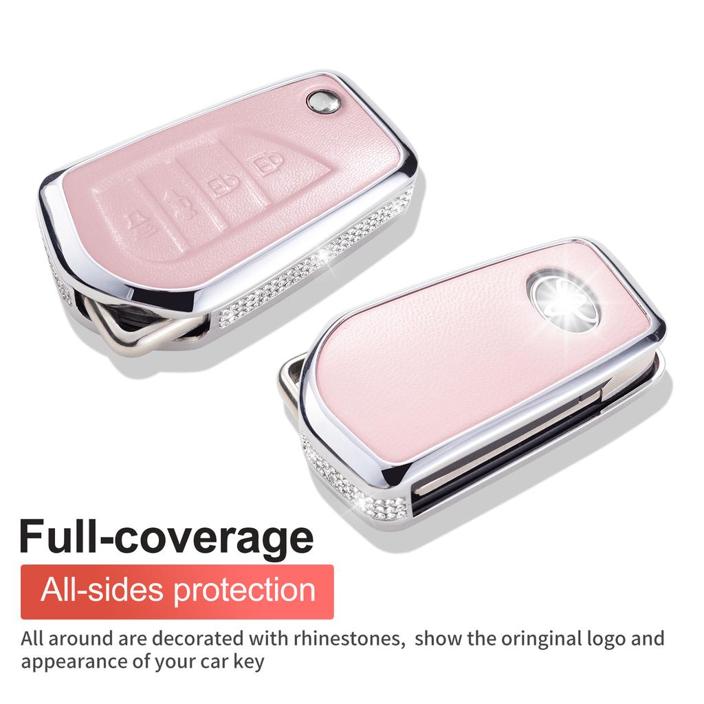 Compatible with Toyota Key Fob Cover with Keychain, Pink Genuine Leather Crystal Key Case Protection Shell for Fortuner Tundra C