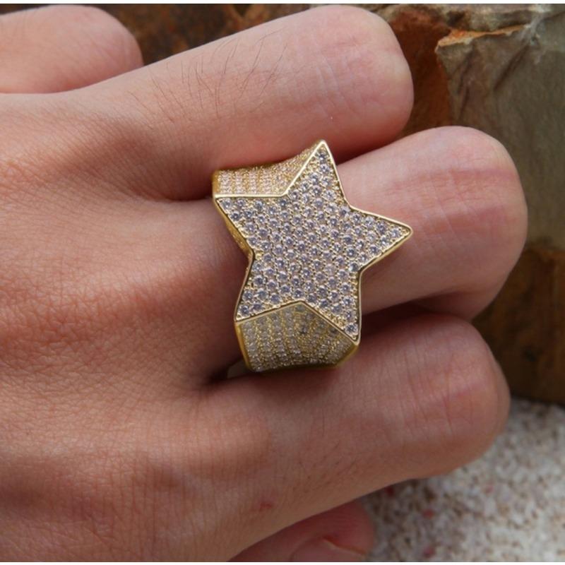 American popular five-pointed star men's ring plated with micro-inlaid synthetic zircon hip-hop hipster ring jewelry