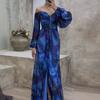 Women Evening Dress Off Shoulder Rhinestone Decor Pleated Long Lantern Sleeve Split