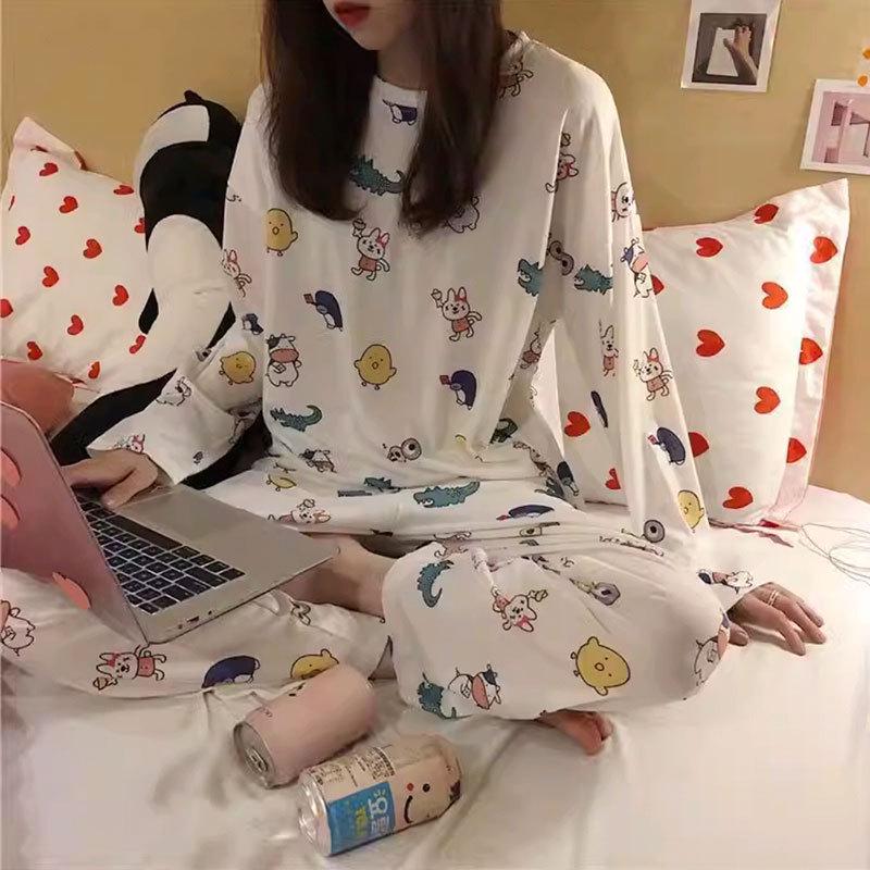 Spring & Autumn Women's Long-Sleeve Pajama Set - Cute Cartoon Design, Plus Size, Cozy Winter Loungewear