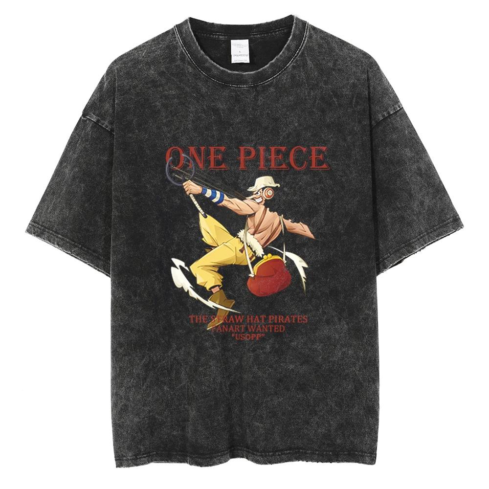 Harajuku Fashion Vintage TShirt Japanese ONE PIECE Anime Graphic Oversize T Shirt Washed Tshirt Men Summer Cotton Tops Tees