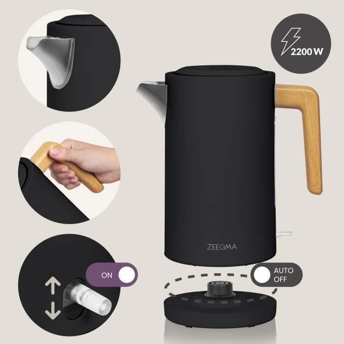 Bouilloire électrique - ZEEGMA - Ketlee - 1,7 L - 2200 W - Noir/Bois