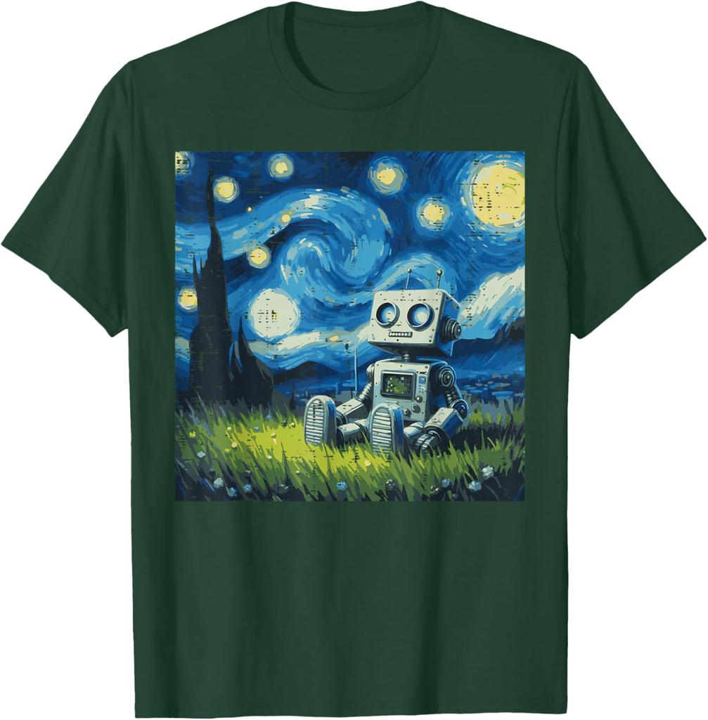Starry Night Robot Graphic Tee Cotton Round Neck Casual TShirt Art Painting Print Tops for Men Women