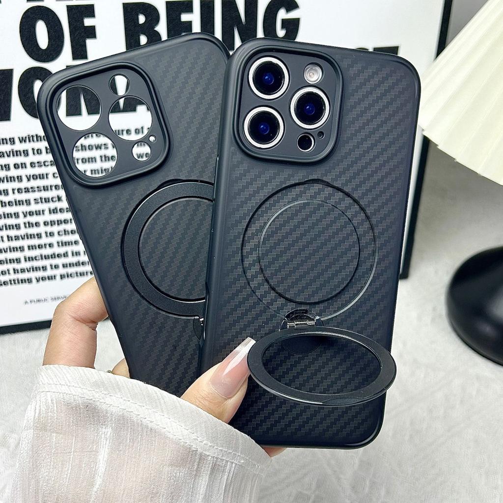 Carbon Fiber Style Case For iPhone 16 15 14 13 12 11 Pro Max Plus Strong Magnet 360° Rotation Invisible Metal Kickstand Cover
