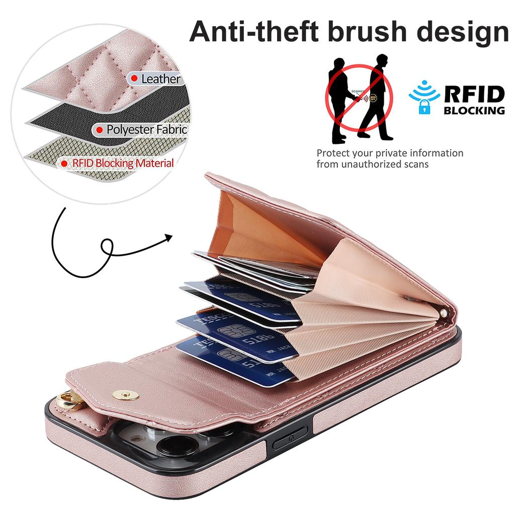 Dla iPhone 15 Pro Max Etui Blokujące RFID Wstrząsoodporne Wiele Przegródek na Karty Ring Podpórka Skórzane PU+TPU Pokrowiec na Telefon