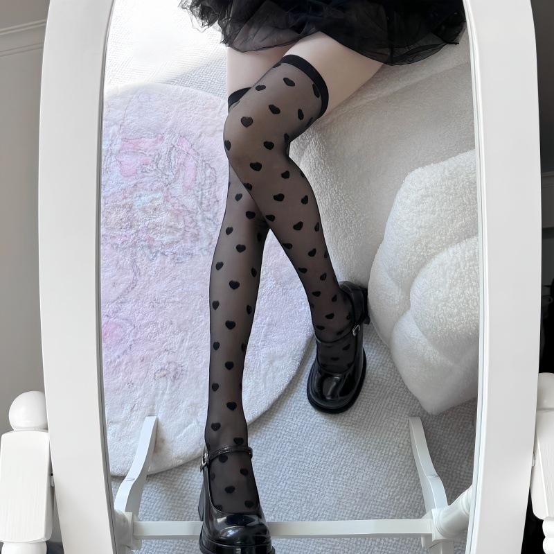 Японские Черные Жаккардовые Гольфы с Рисунком Сердца Женские Тонкие Чулки до Бедра JK Лолита One size fits all чёрный
