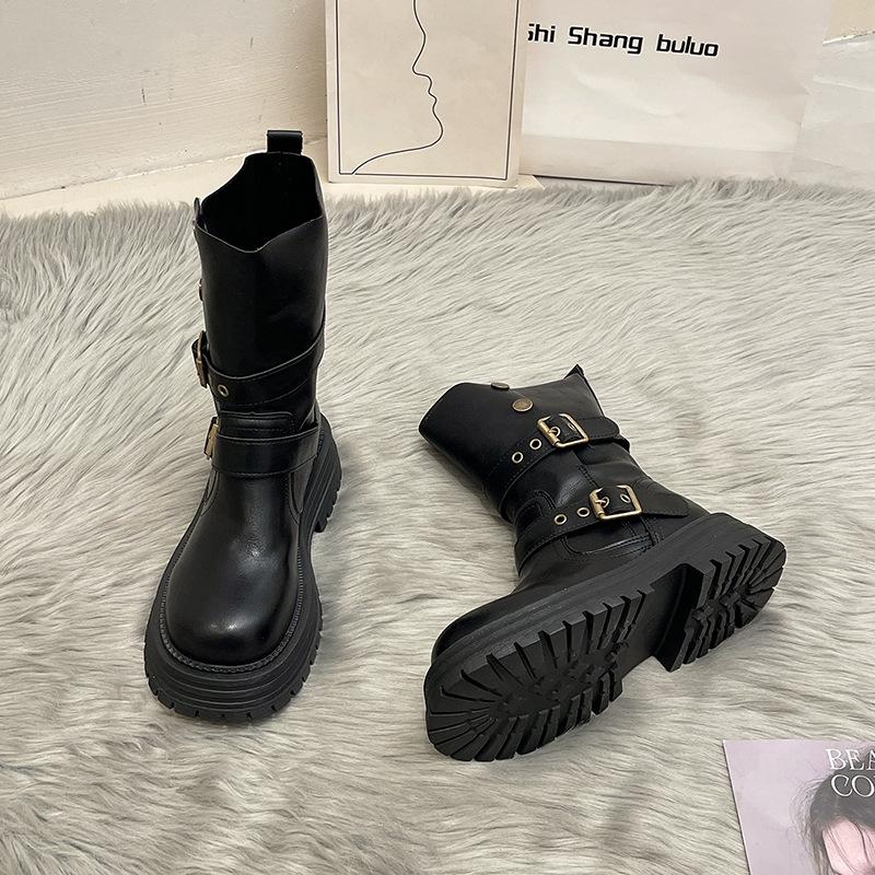 

British style casual height increase women s Martin boots autumn and winter design sense retro two-wear medium tube thick-soled folded fashion boots 40 чёрный