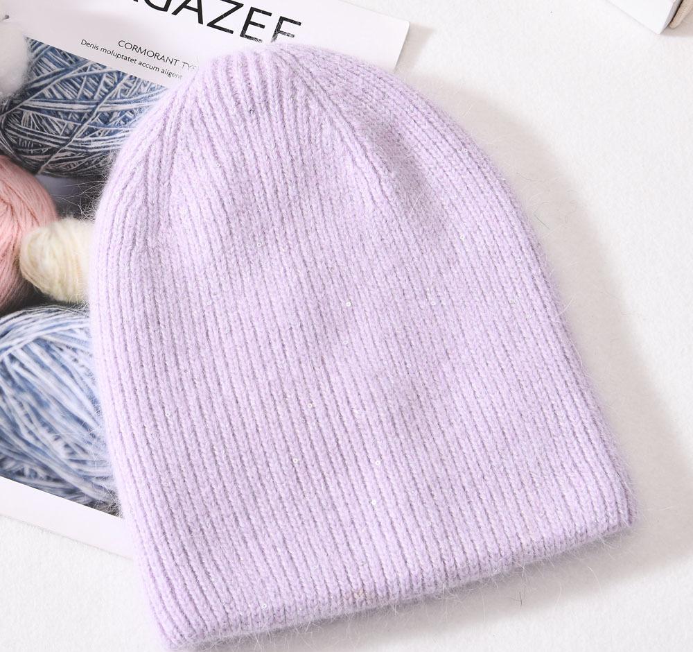 Angora Rabbit Fur Winter Woman Hat Cashmere Skullies Beanies Soft Solid Warm Fluffy Thick Sequins Knitted Hat Gift Wholesale