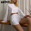 GMXIA Long Sleeve Shorts Autumn and Winter O-Neck Pajamas Two Piece Women's Home
