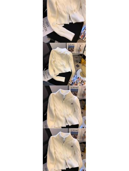 Korean Retro Zippered Embroidered Cable Collar Sweater Jacket for Autumn/Winter