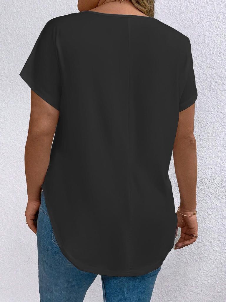 Plus Size Women's V-Neck Short Sleeve Loose Pullover T-Shirt - Solid Color for Spring/Autumn 2026