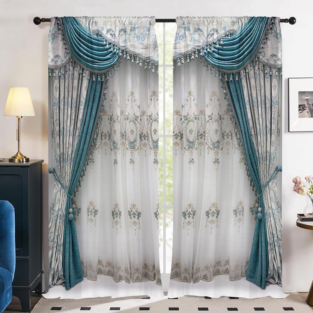 2 Pieces, Elegant and Noble Blue 3D Simulation Curtains - Semi Blackout - Suitable for Living Room, Bedroom, Kitchen, Home Decor