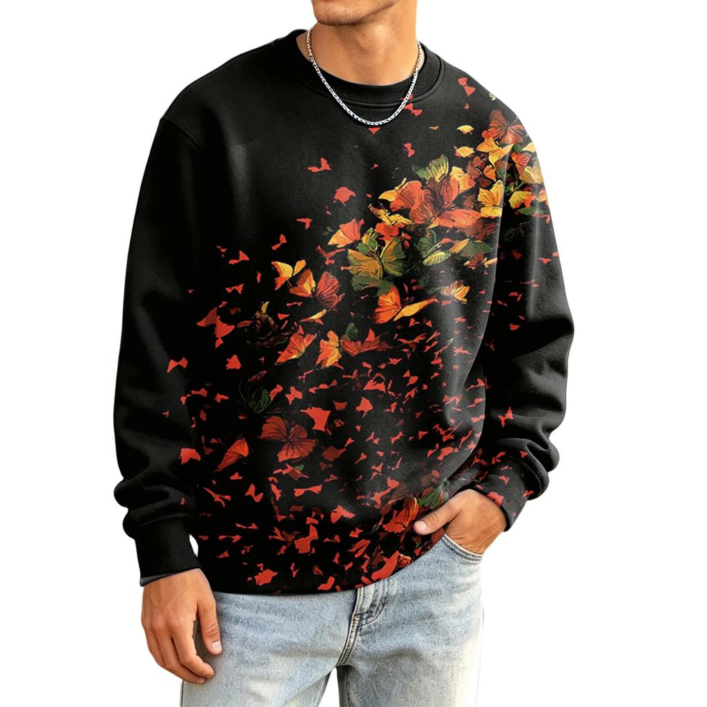 Men's Casual Loose Fit Round Neck Printed Long Sleeve Shirt