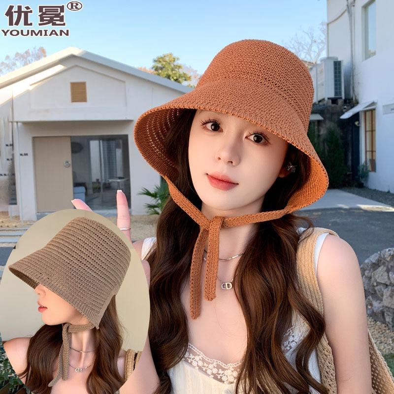 Fashion knitted bucket hat niche summer out shading thin sunscreen hat after shading split tether tide